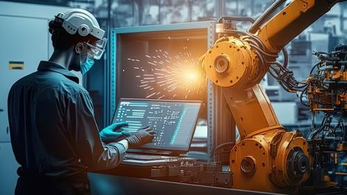 Person working at monitor on manufacturing floor - DELMIAWorks