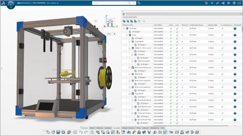 Modelo 3D de uma impressora 3D com dados no painel – SOLIDWORKS