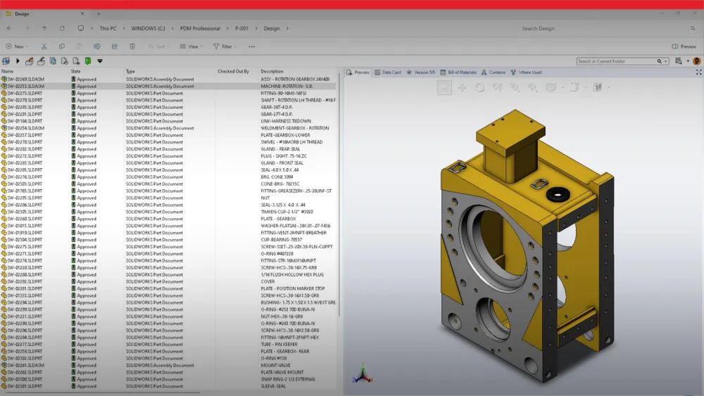 Screenshot of SOLIDWORKS PDM showing a part with related data 