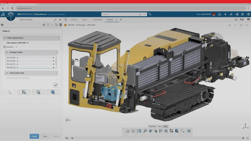 SOLIDWORKS 3D model of industrial equipment with part highlighted