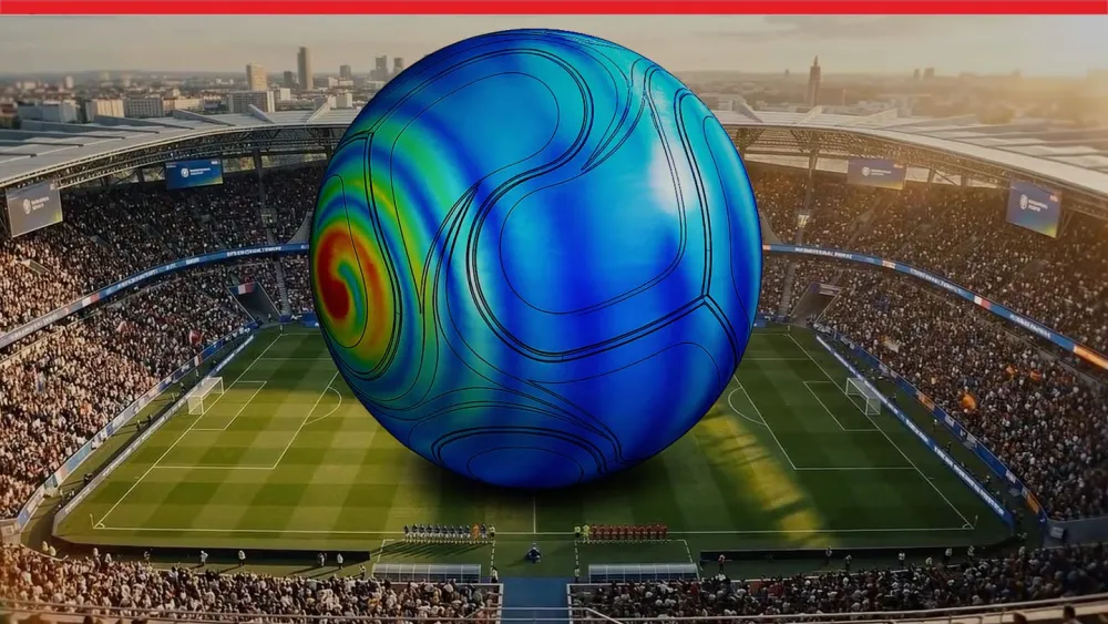 A giant football (soccer) ball with SOLIDWORKS electromagnetic simulation data on a stadium field