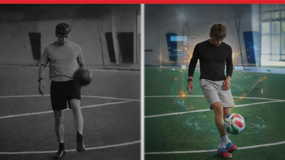 Photo comparison of a historical football (soccer) player and a modern day one