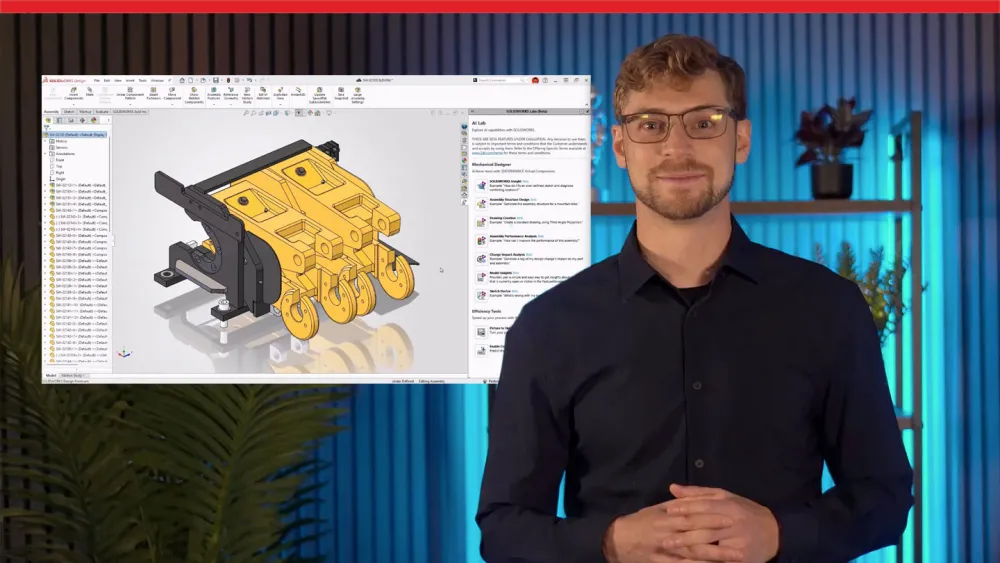 Screenshot of SOLIDWORKS 3D model inside the software with the video presenter standing next to it