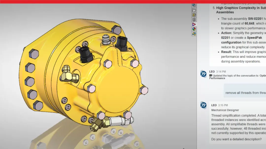 SOLIDWORKS user interface showing LEO doing thread simplification
