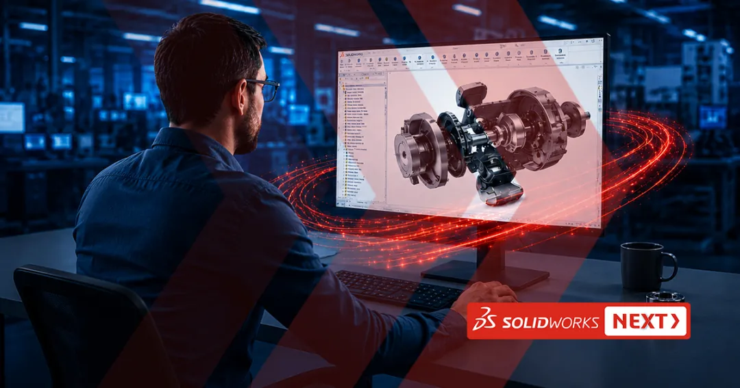 Designer working on a SOLIDWORKS 3D model