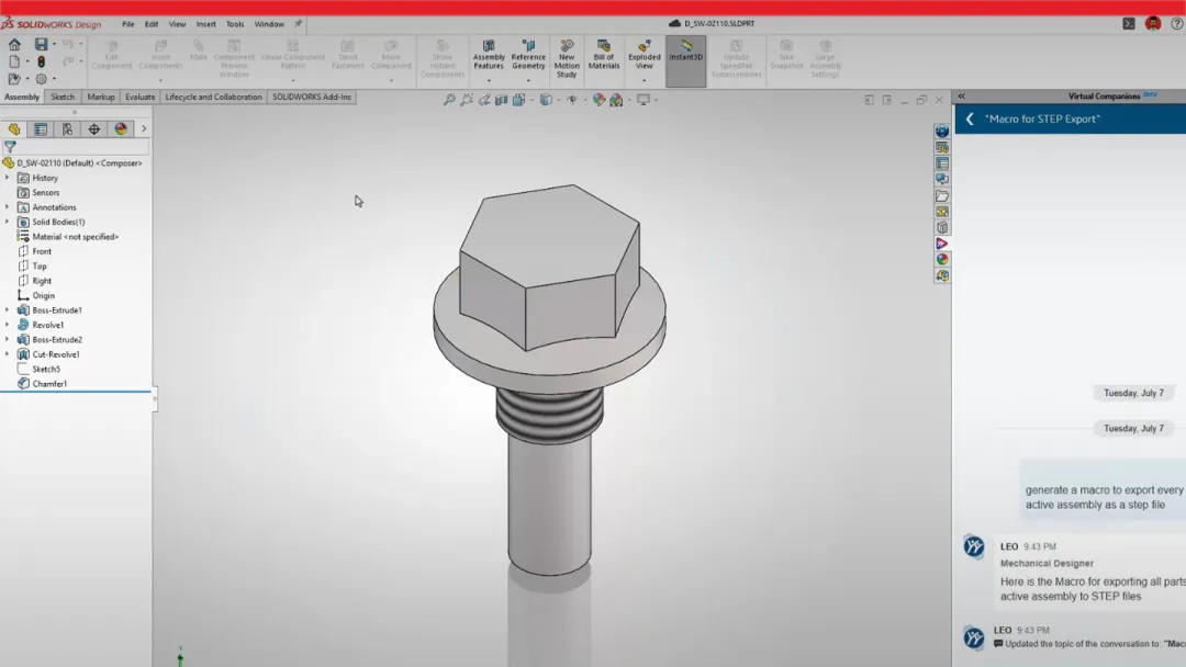 SOLIDWORKS user interface showing AI web generative macro creation