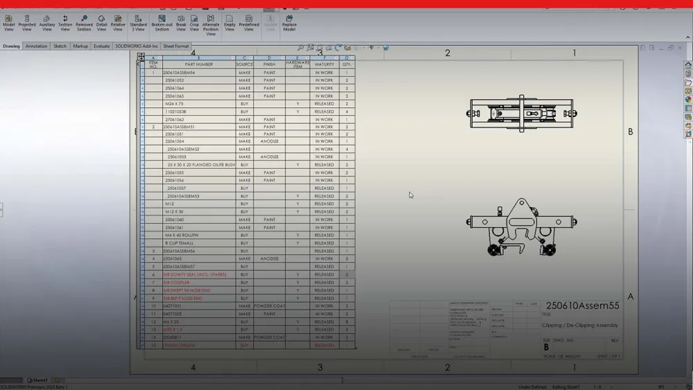 Schermata di disegno con SOLIDWORKS 2023