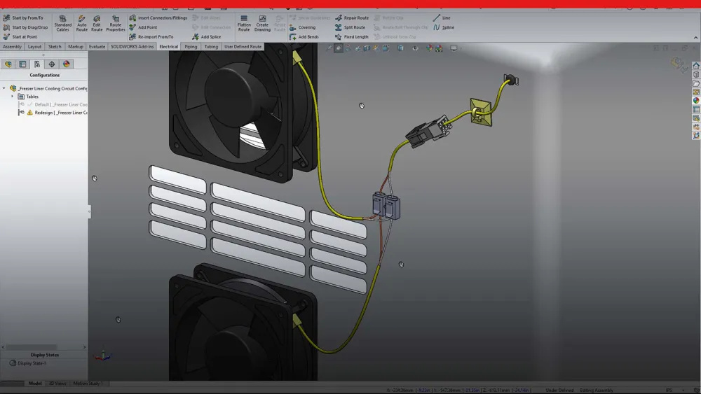 Screenshot of routing design with SOLIDWORKS 2023
