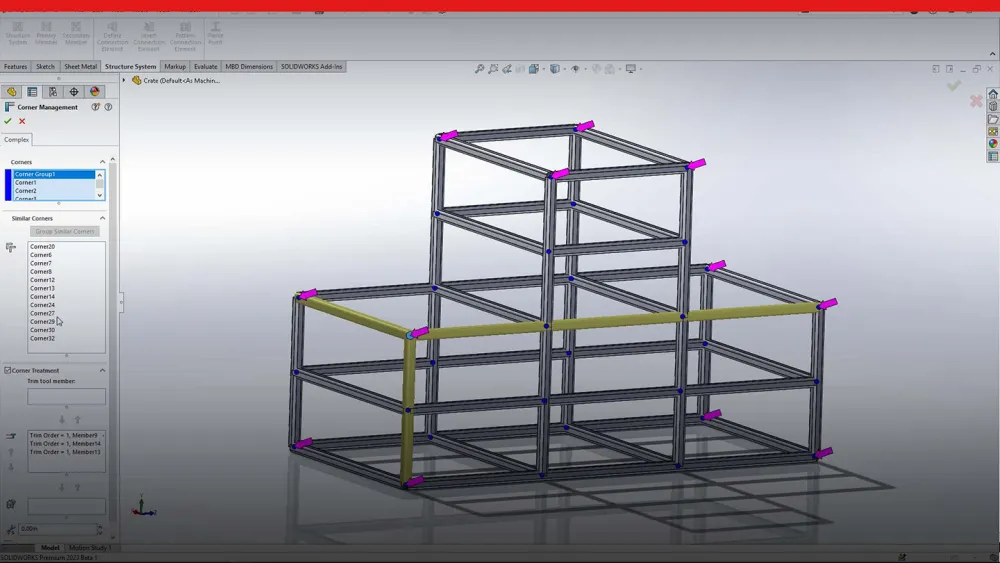 Schermata della progettazione di lamiere con SOLIDWORKS 2023