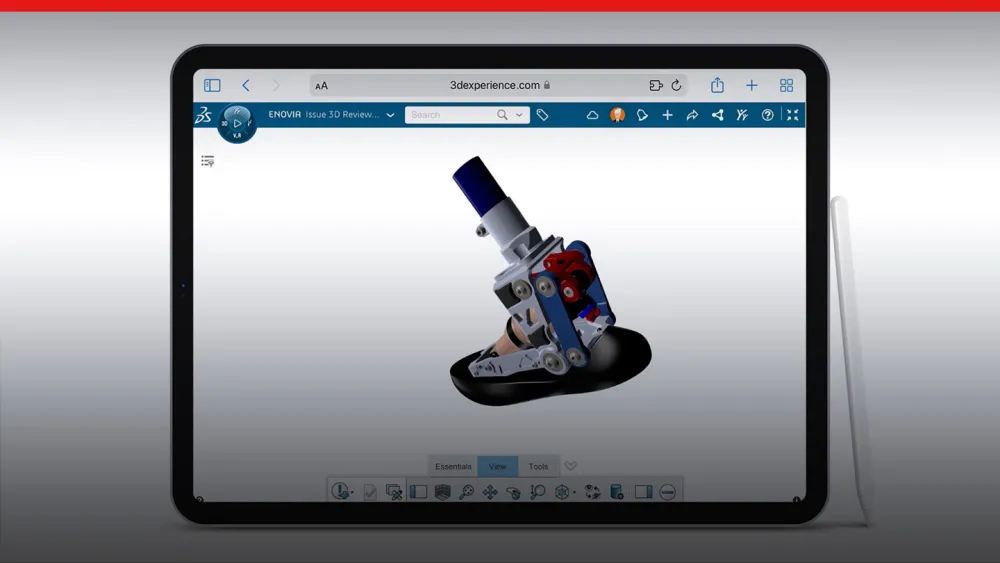 3D rendering of prosthetic leg shown in screenshot from Change Management - 3DEXPERIENCE Works 2023