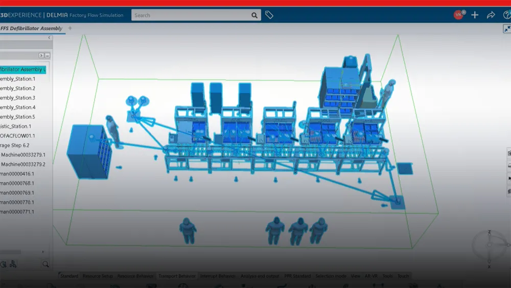 Screenshot of 3D model of factory floor from Factory Simulation - 3DEXPERIENCE Works 2023