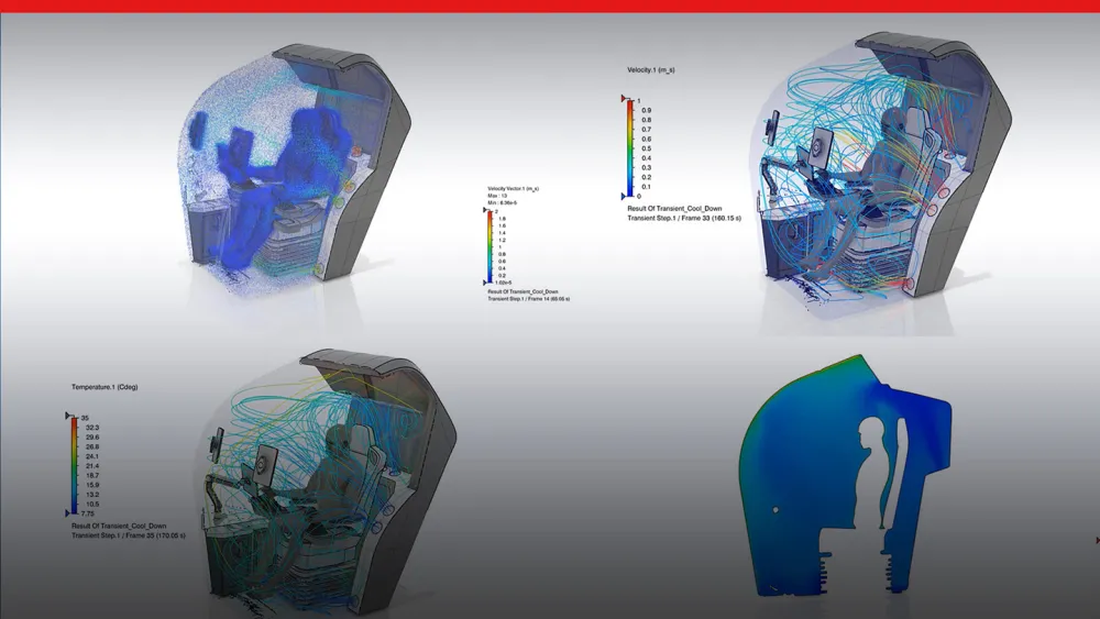 Screenshot of 3D model of airflow and temperature around a pilot from Fluid Dynamics - 3DEXPERIENCE Works 2023