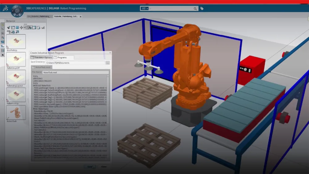 3D model of robot on assembly line from Robot Programmer - 3DEXPERIENCE Works 2023