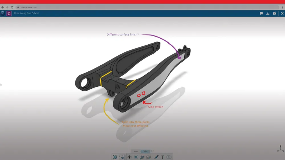 마크업이 있는 파트의 3D 모델 - SOLIDWORKS Cloud Services