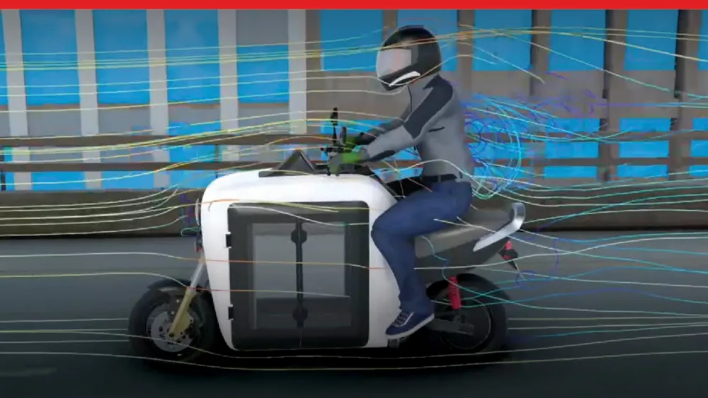 3D rendering of Qargos scooter, showing cross wind simulation - SOLIDWORKS