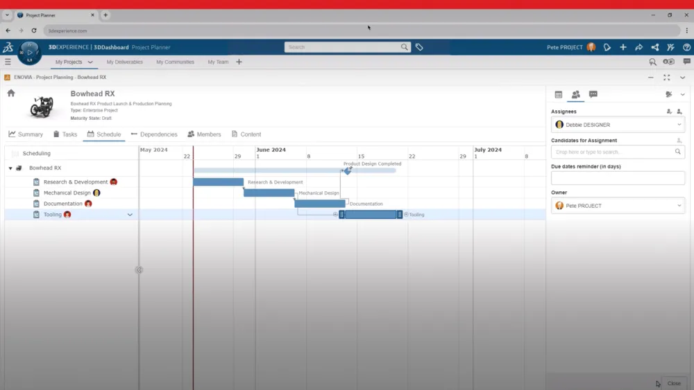Screenshot showing CAD-connected Project Planning - 3DEXPERIENCE Works