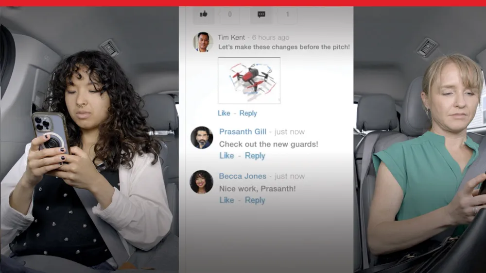Two SOLIDWORKS users collaborating on their phones 