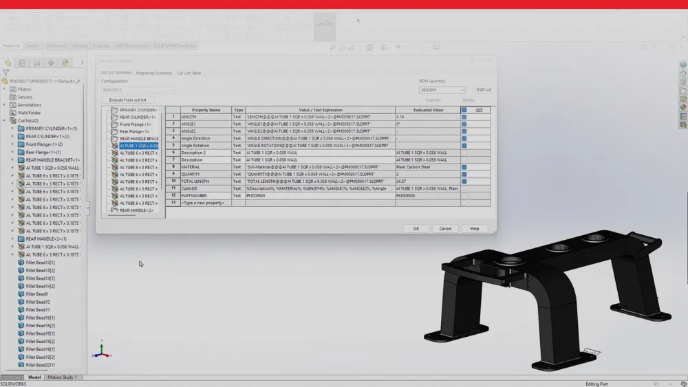 Modello 3D SOLIDWORKS 2025 di una parte con dati correlati