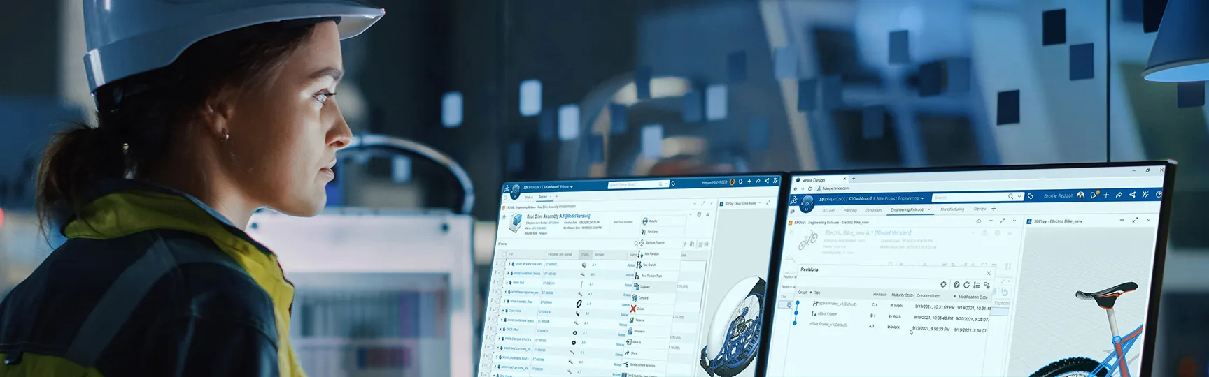 Person, die zwei Bildschirme mit Stücklistenverwaltungssoftware betrachtet – SOLIDWORKS
