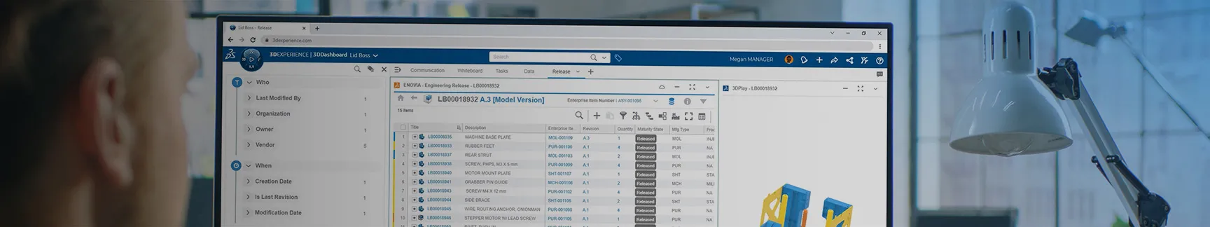 Person, die einen Bildschirm mit dem 3D-Modell eines Teils und Stücklistendaten betrachtet – SOLIDWORKS