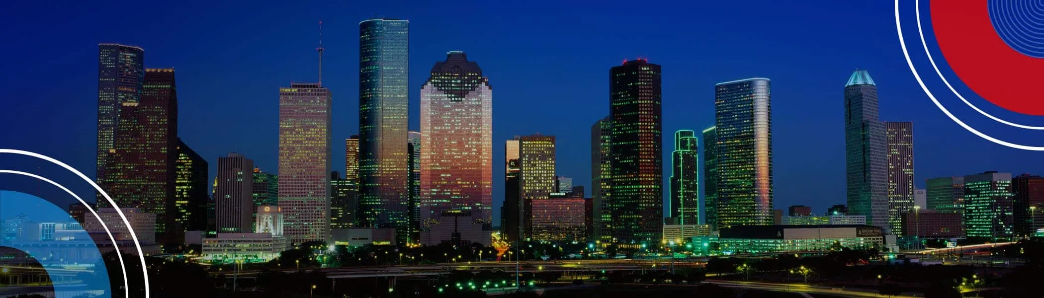 City skyline of Houston with 3DEXPERIENCE World 2025 graphics