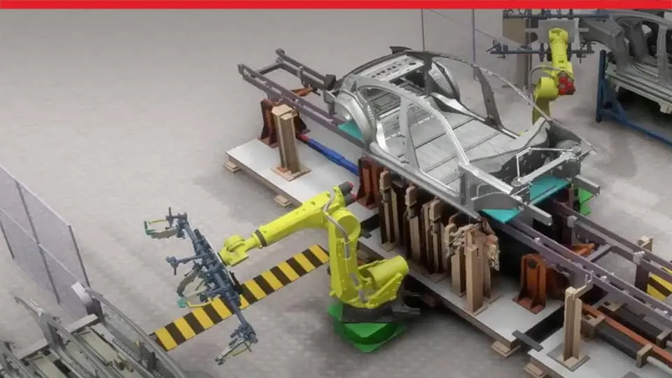 3DEXPERIENCE World 2025 manufacturing presentation slide showing 3D rendering of an automated factory floor