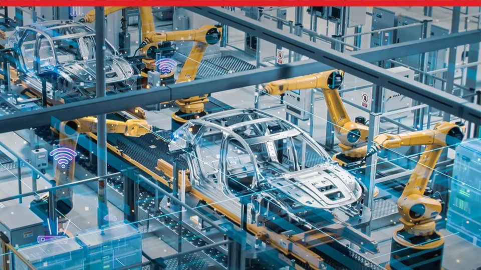 3DEXPERIENCE World 2025 presentation slide showing 3D rendering of an automated factory floor