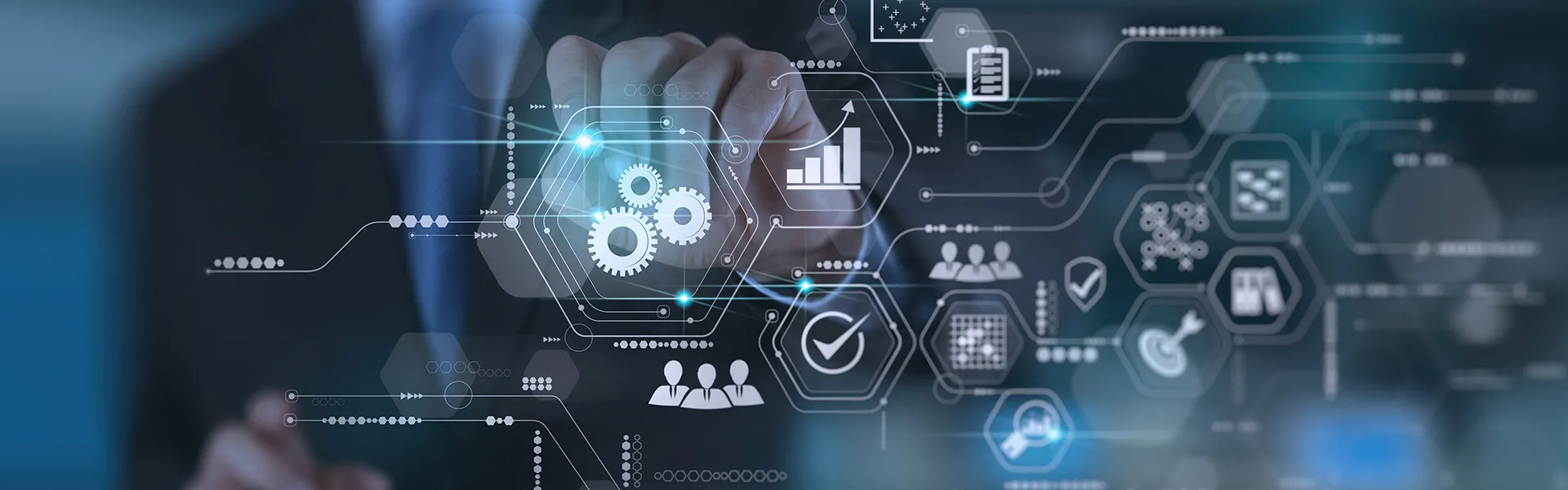 Person in front of screen with flowchart of data