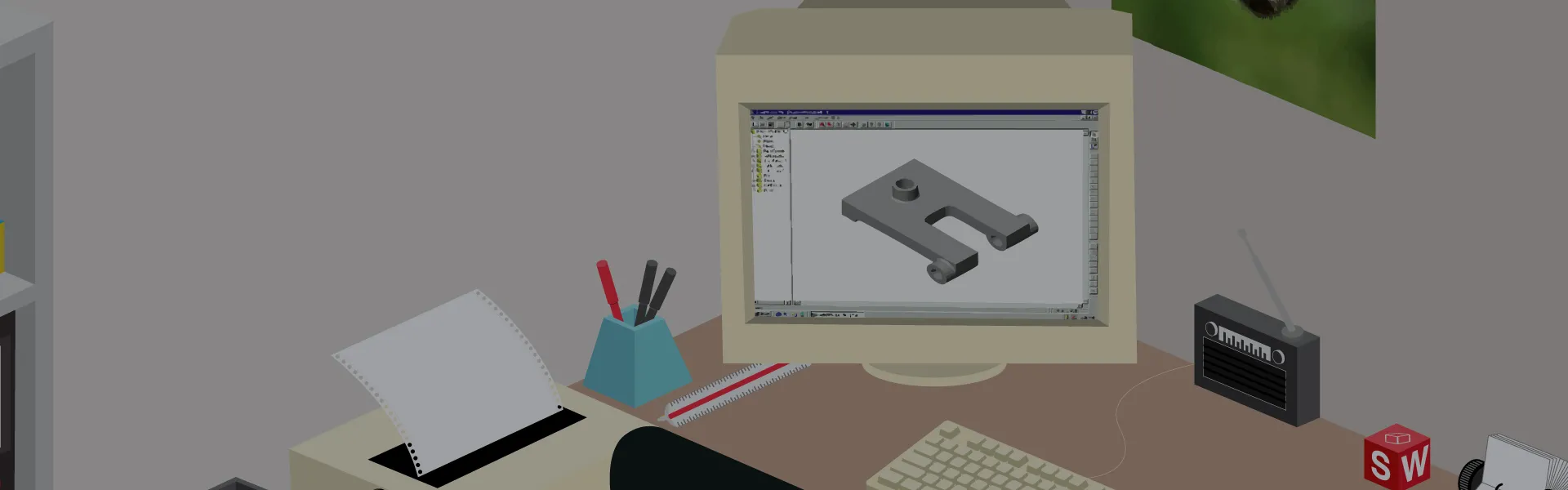 Illustration showing computer from 1995 with SOLIDWORKS user interface
