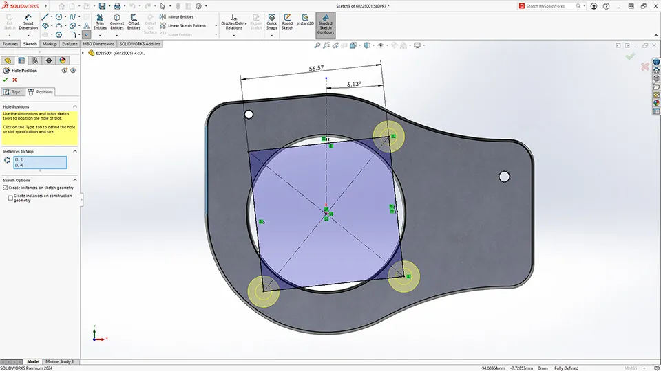 SOLIDWORKS Design user interface with 3D model of a part