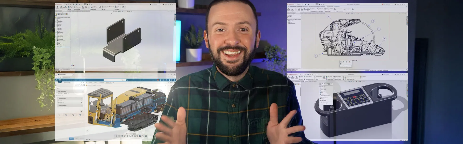 SOLIDWORKS expert explaining features in front of screen shots showing the functionality