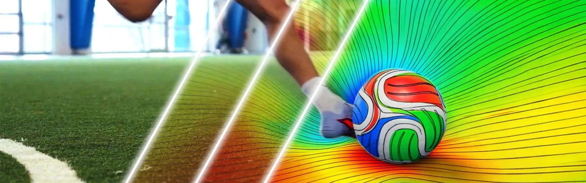 Person kicking a soccer ball with simulation data showing the physical forces involved