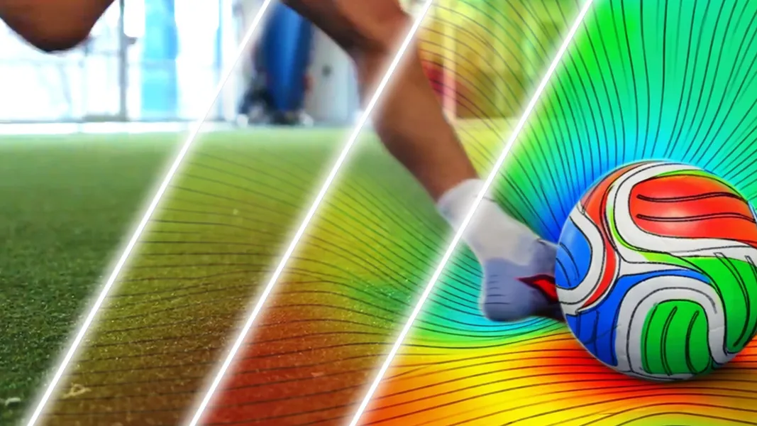 A person kicking a soccer ball with simulation data showing the forces involved