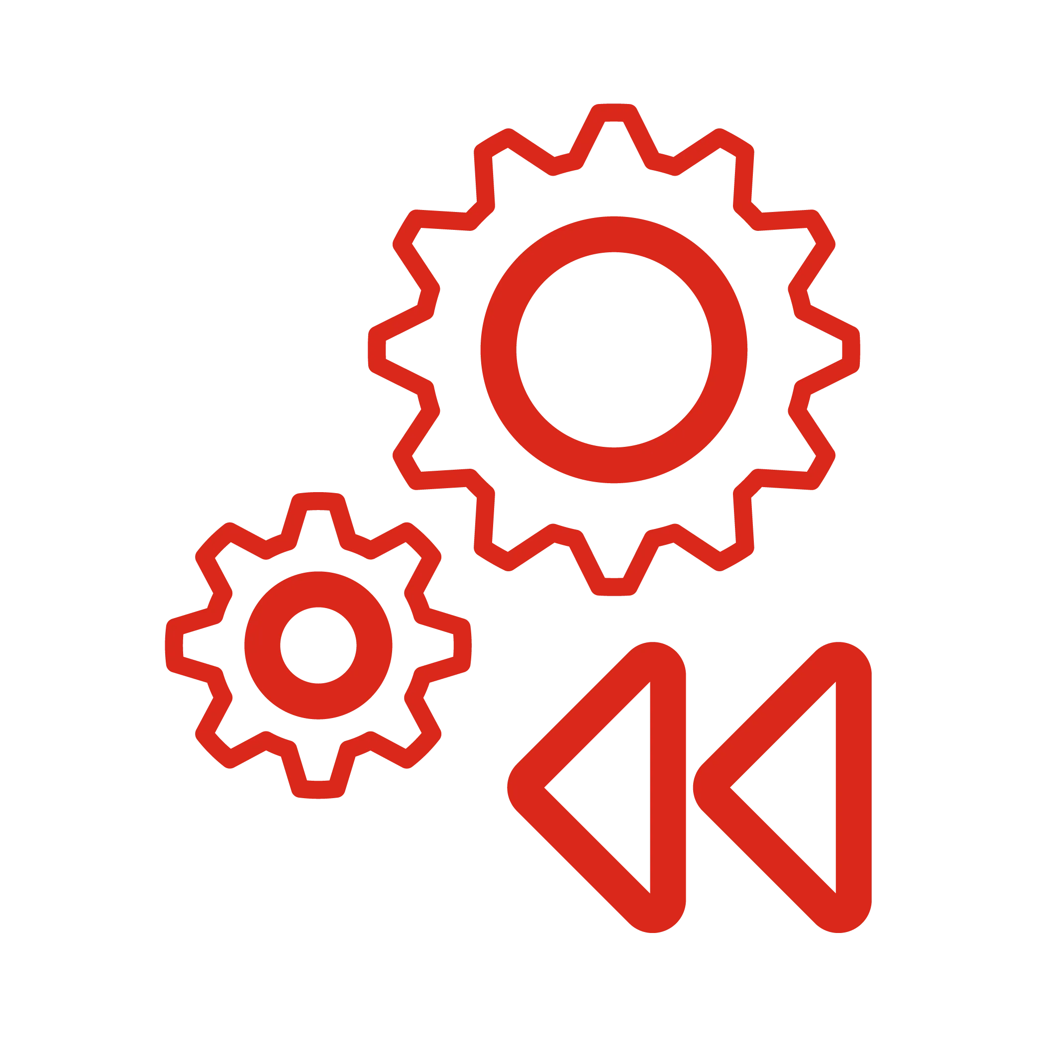 icon depicting two gears and a rewind button to represent design rework