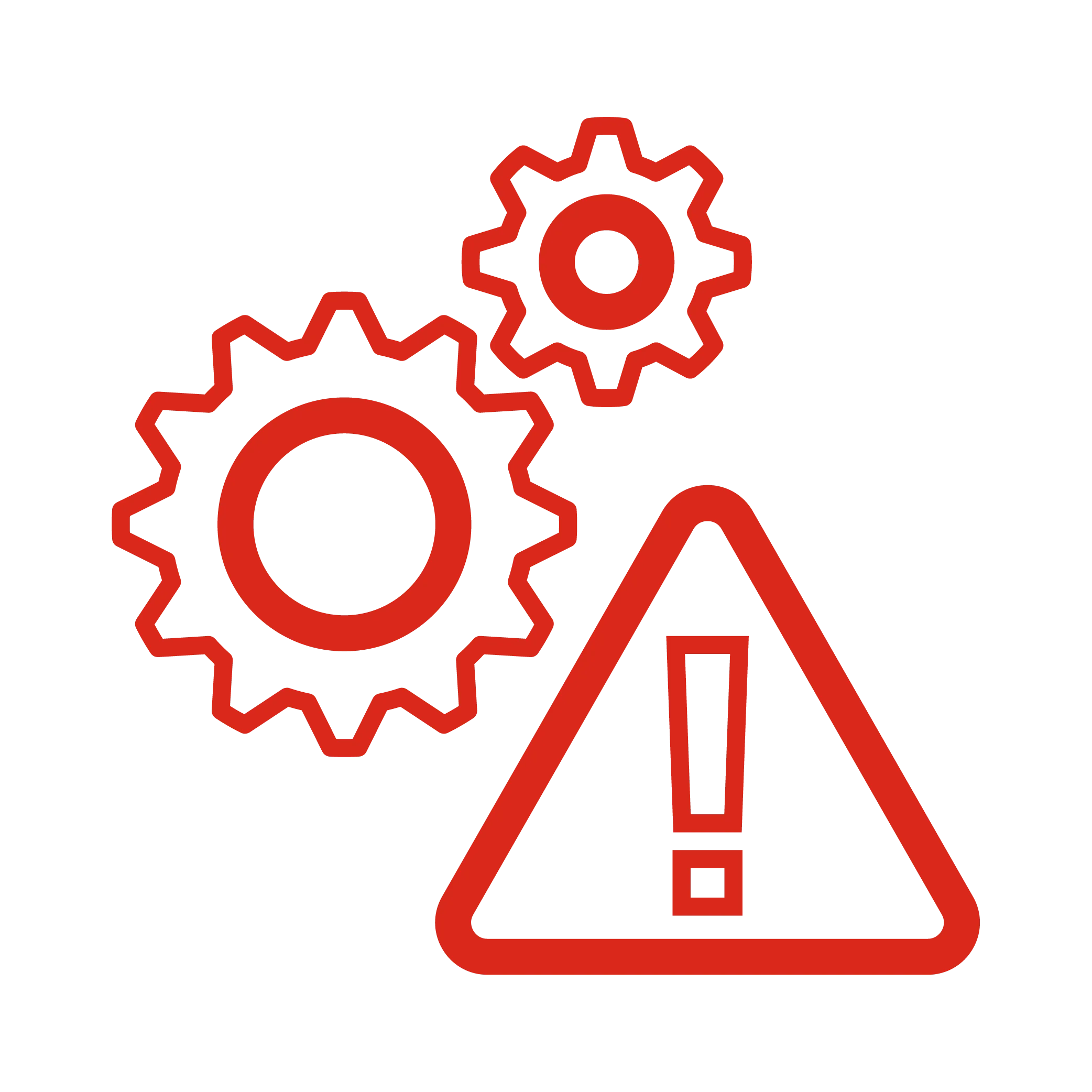 icon depicting two smaller gears hovering over a larger triangle-shaped warning sign
