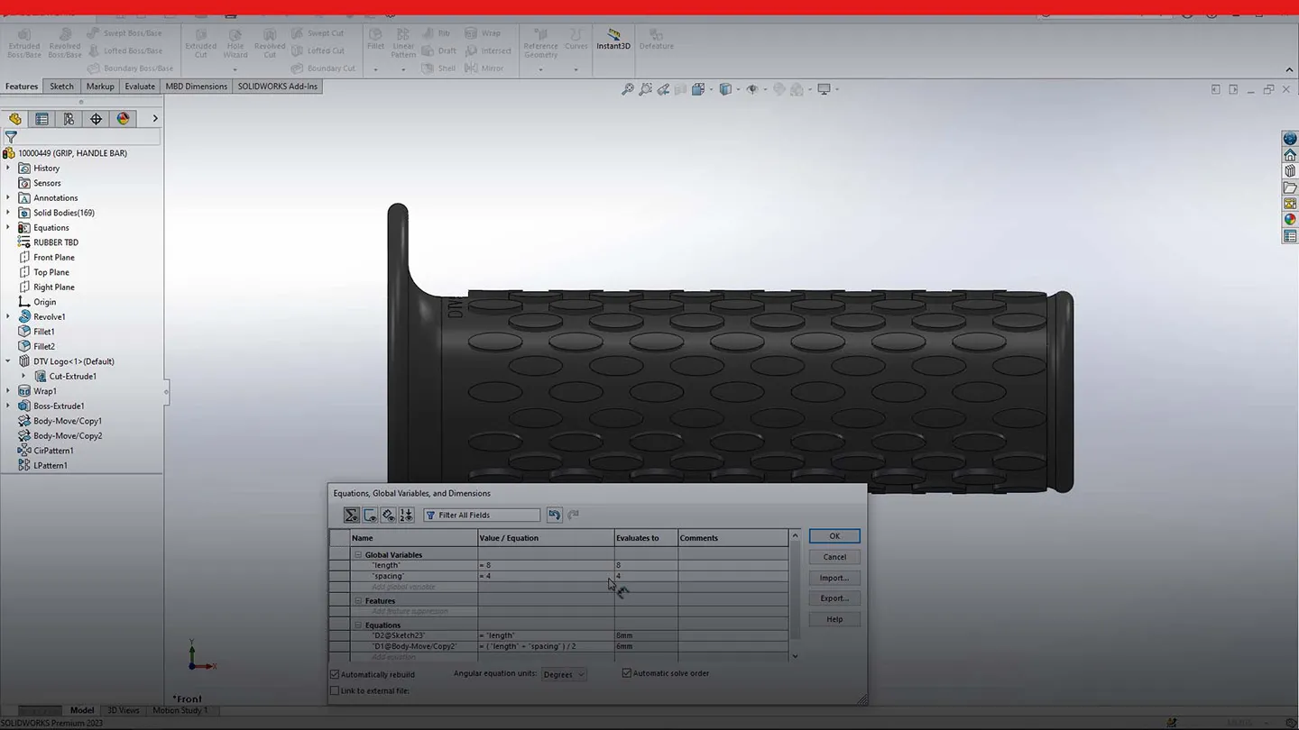 Screenshot of part feature in SOLIDWORKS 2023