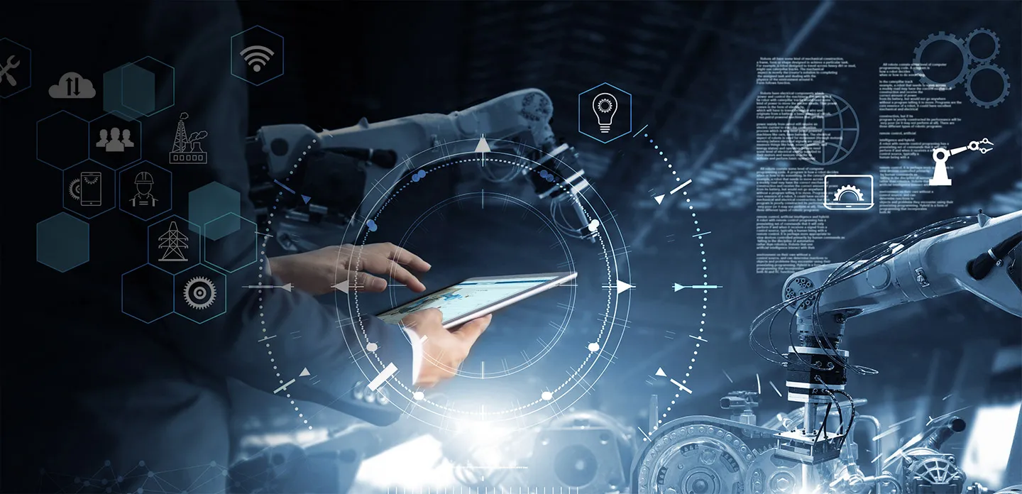 Collaged image of person holding laptop on automated shop floor