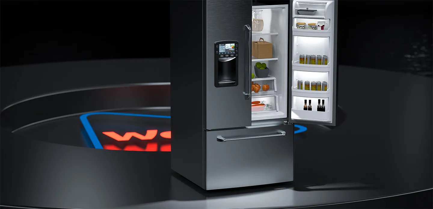Smart refridgerater with door open, designed with 3DEXPERIENCE Works