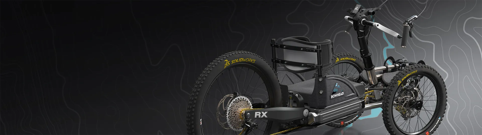 Rearview of 3D rendering of Bowhead adaptive e-bike on topo map - SOLIDWORKS