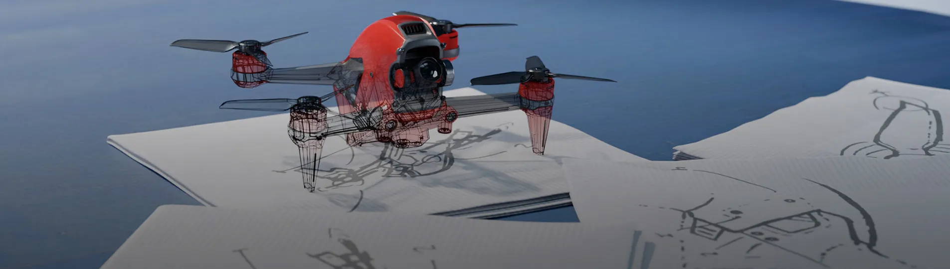 3D rendering of a drone sitting on design sketches - SOLIDWORKS